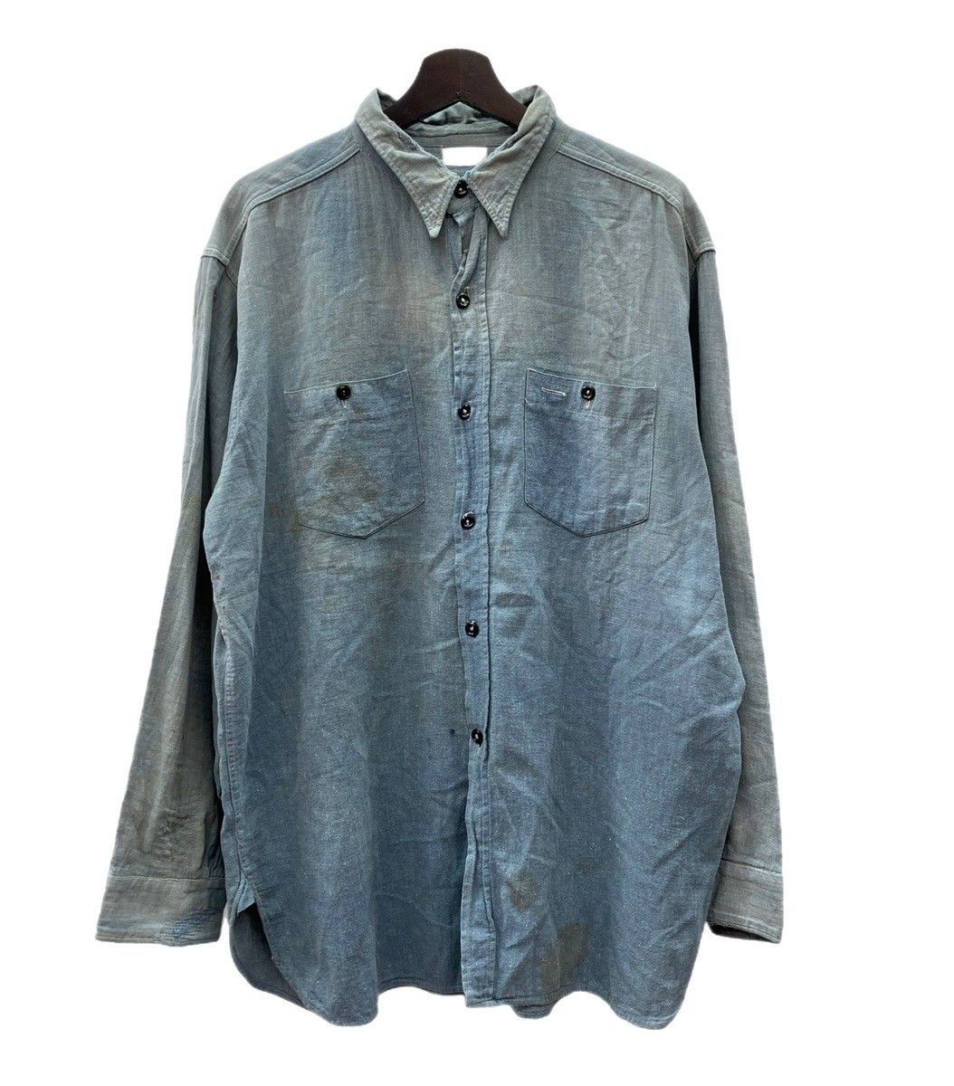ヴィンテージ vintage 40's 40年代 SKYTONE シャンブレー 杢シャン 耳付き ビッグサイズ パッチワーク ブラックシャンブレー 青 サイズ不明 長袖シャツ 無地 ブルー 104MT-1039