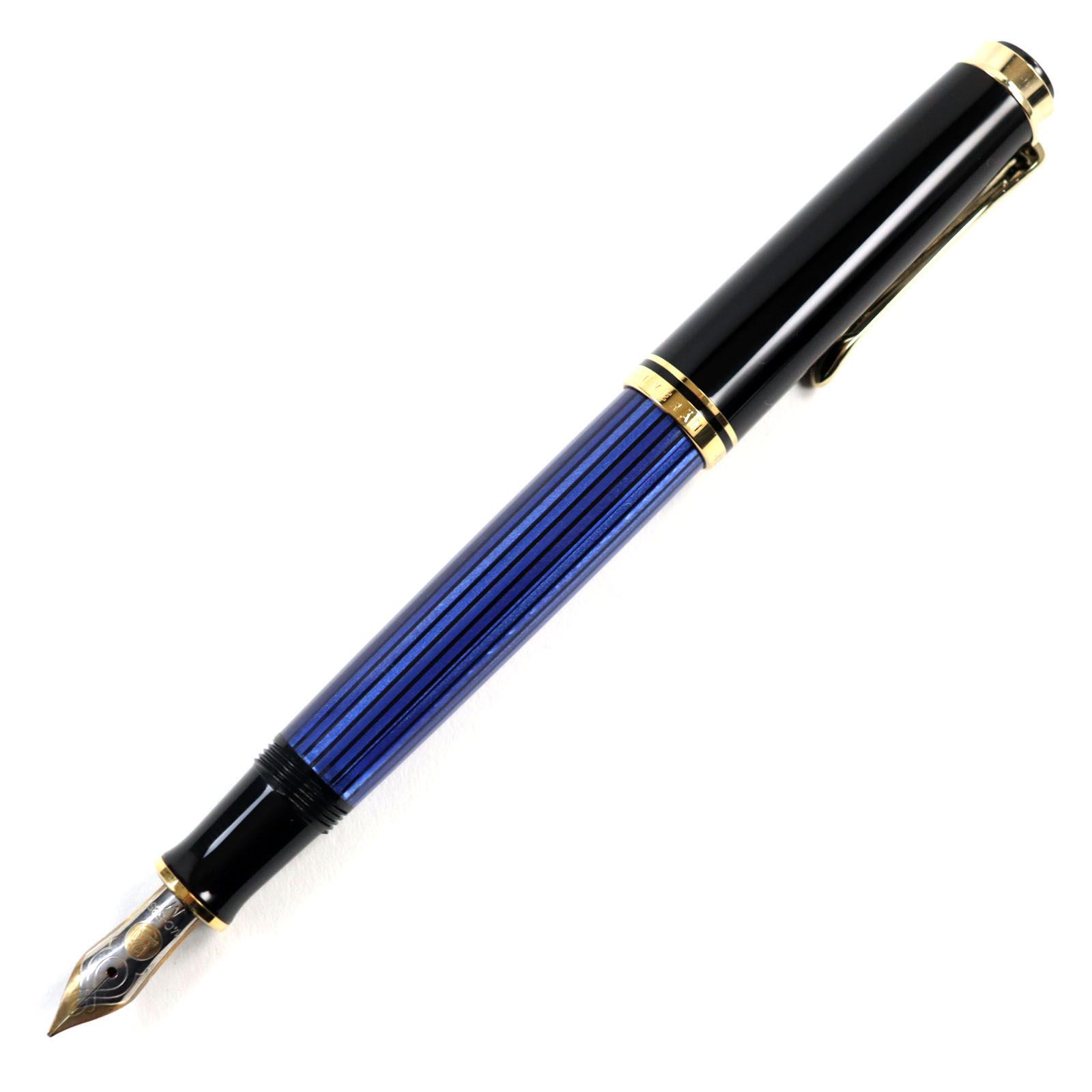○PERIKAN ペリカン SOUVERAN スーベレーン M400 ペン先14K Mニブ キャップ式 万年筆 ブルー ブラック ストライプ柄 ドイツ製