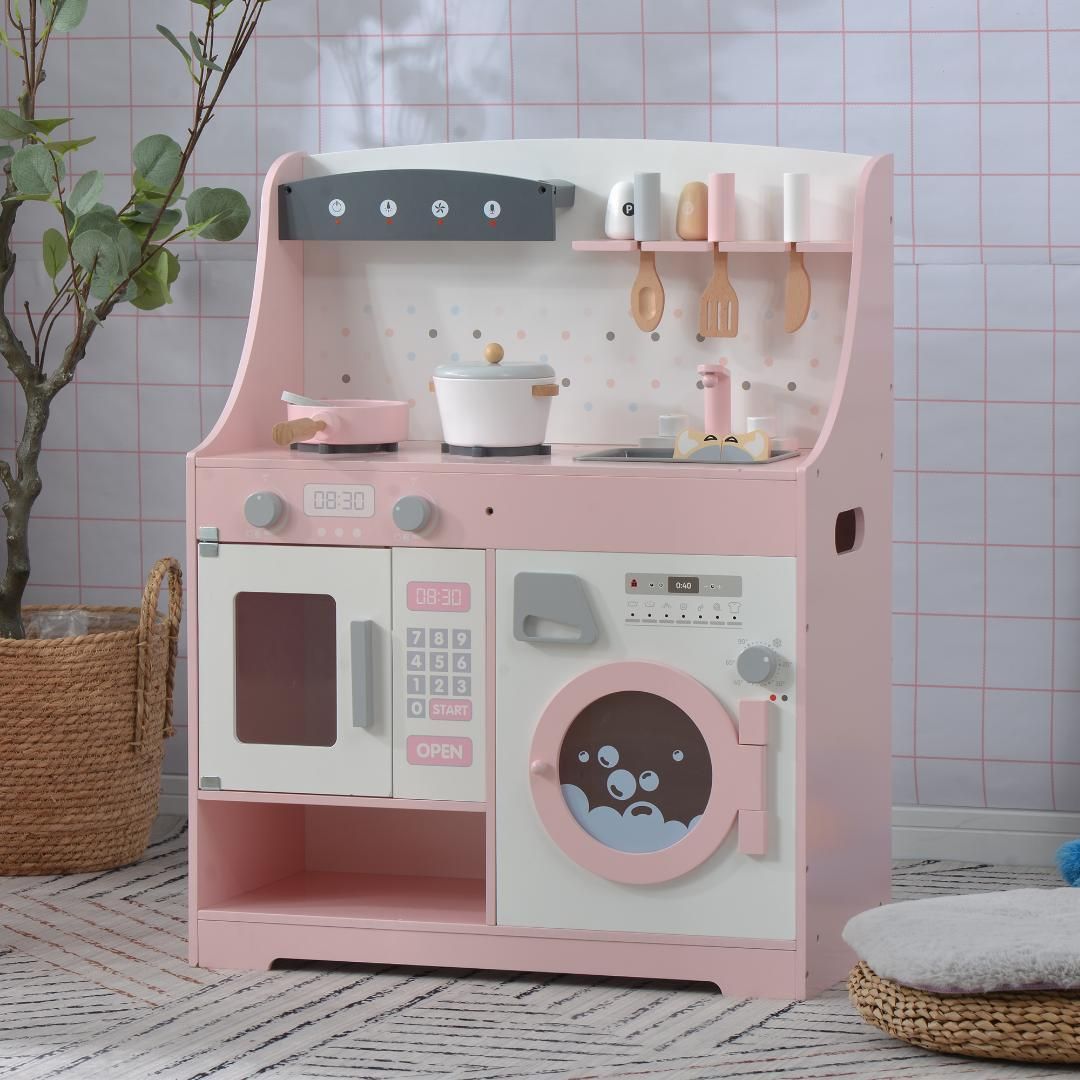 木製キッチンと洗濯機セット ピンク おままごと キッチン 木製 台所 洗濯機 調理器具付き知育玩具