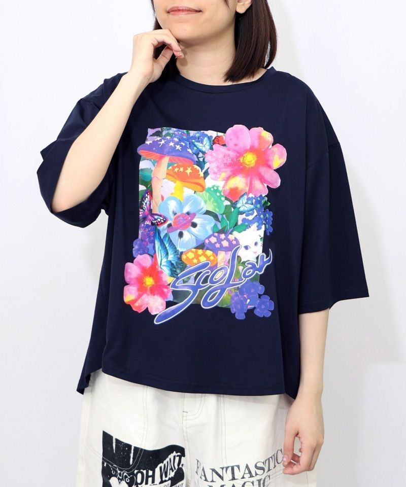 ScoLar（スカラー）ネコ花キノコ柄 接触冷感Tシャツ オフ