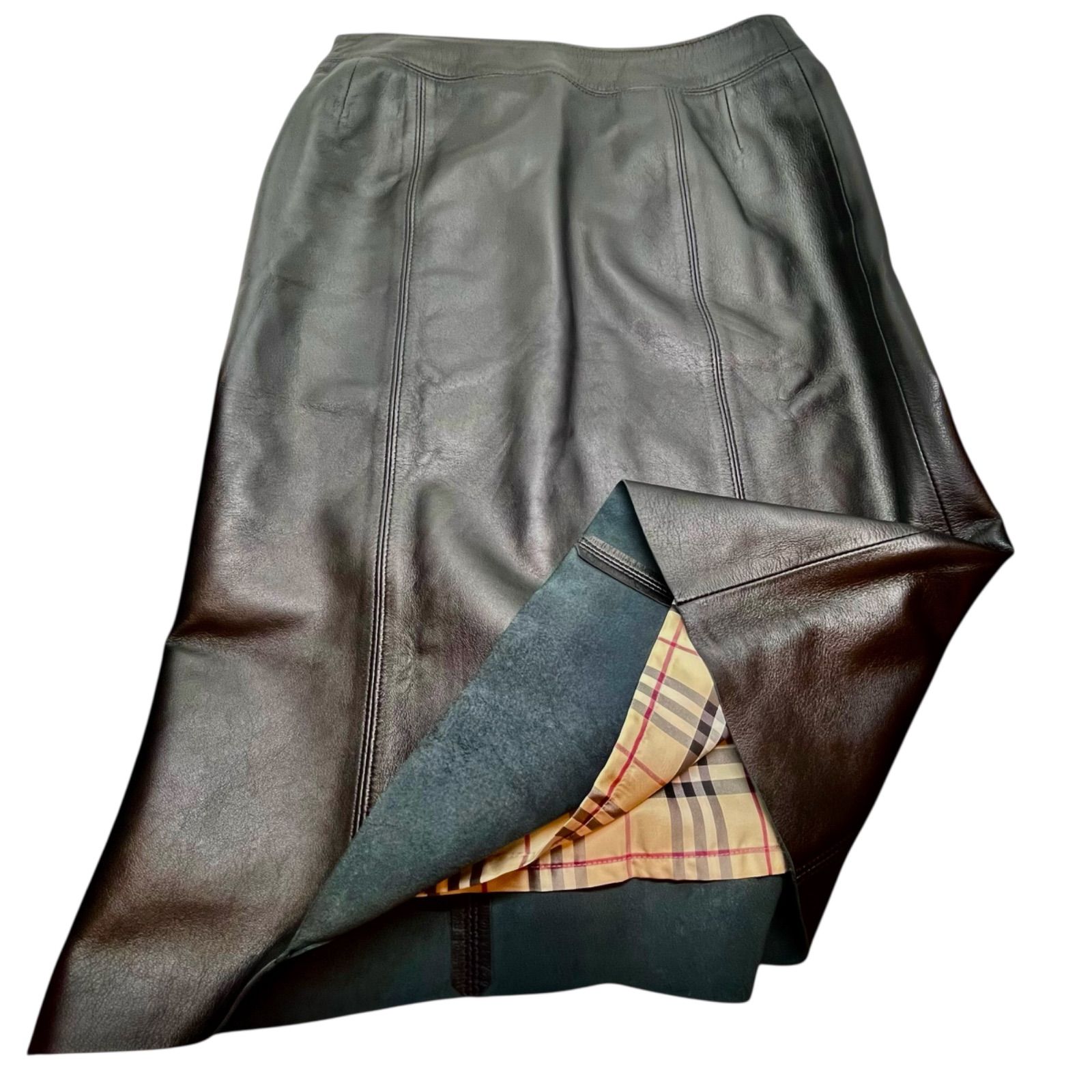 管33779 BURBERRY LONDON バーバリーロンドン ラムレザー ミモレ丈 膝下 スカート 羊革 ブラック ノバチェック 裏地 40サイズ