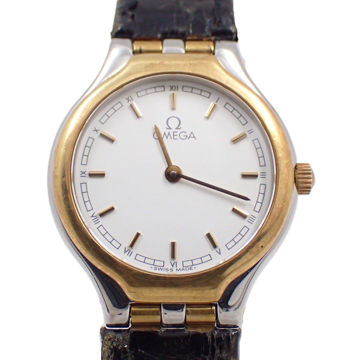 新品ベルト✨　美品　オメガ　デビル 腕時計　レディース　クォーツ　金文字盤 オメガ デビル シンボル クォーツ レディース 腕時計 18Kベゼル 白文字