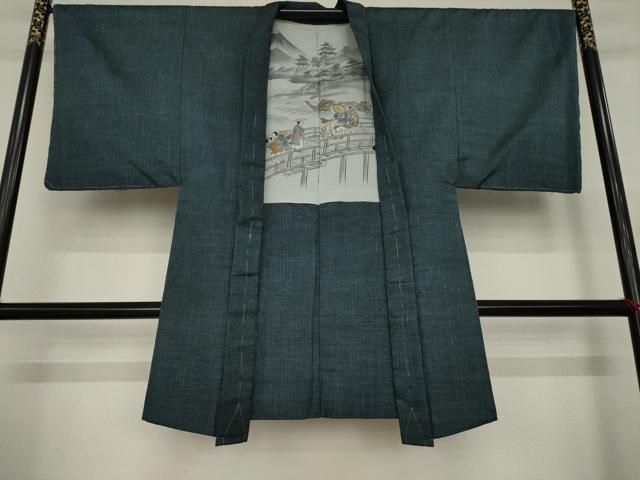 平和屋着物○男性 本真綿手織紬 アンサンブル 色無地 留紺色 証紙付き