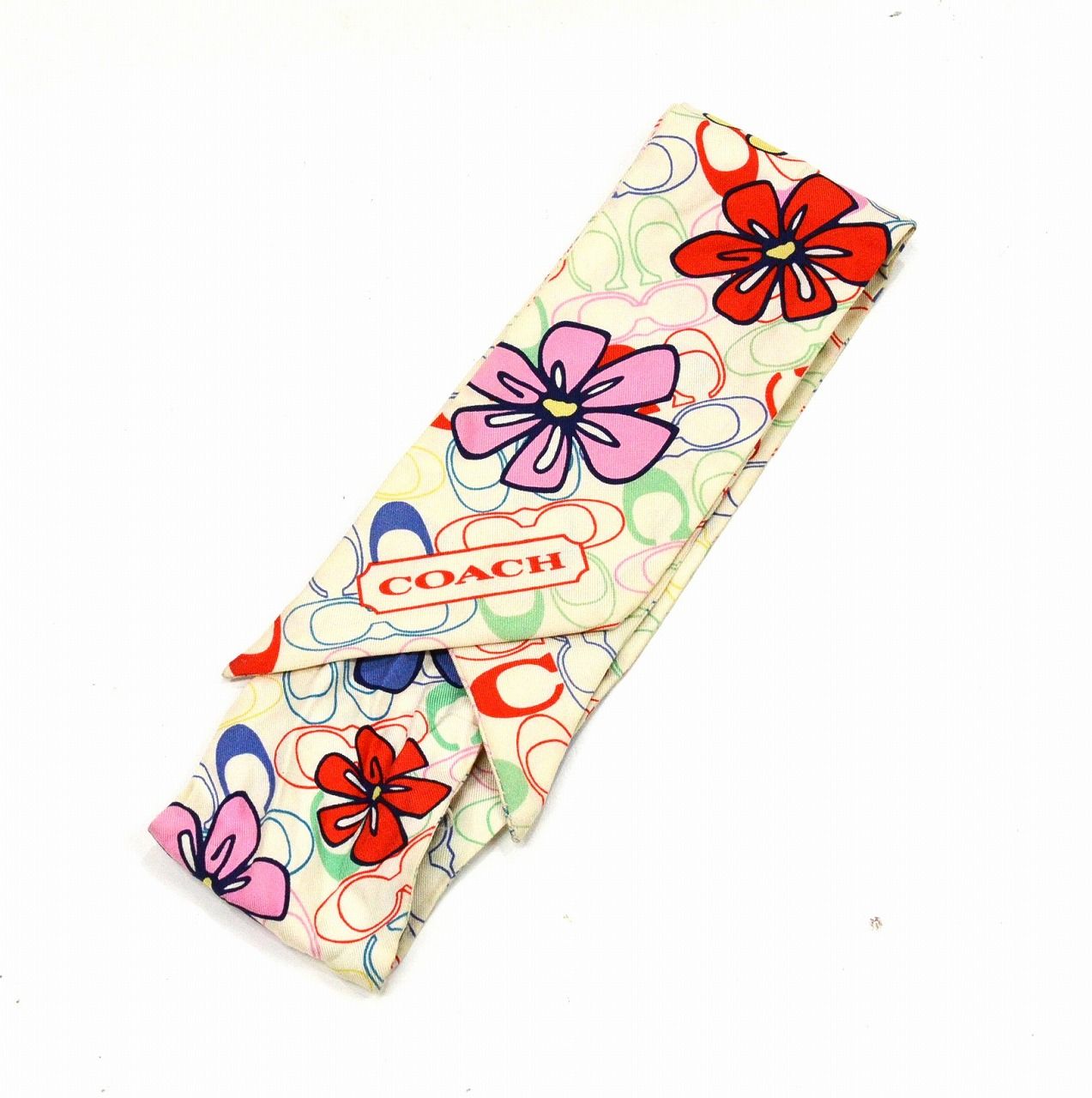 美品！COACH コーチ 花柄 リボンスカーフ バンドー COACH コーチ スカーフ シグネチャー シルク リボン フラワー 花