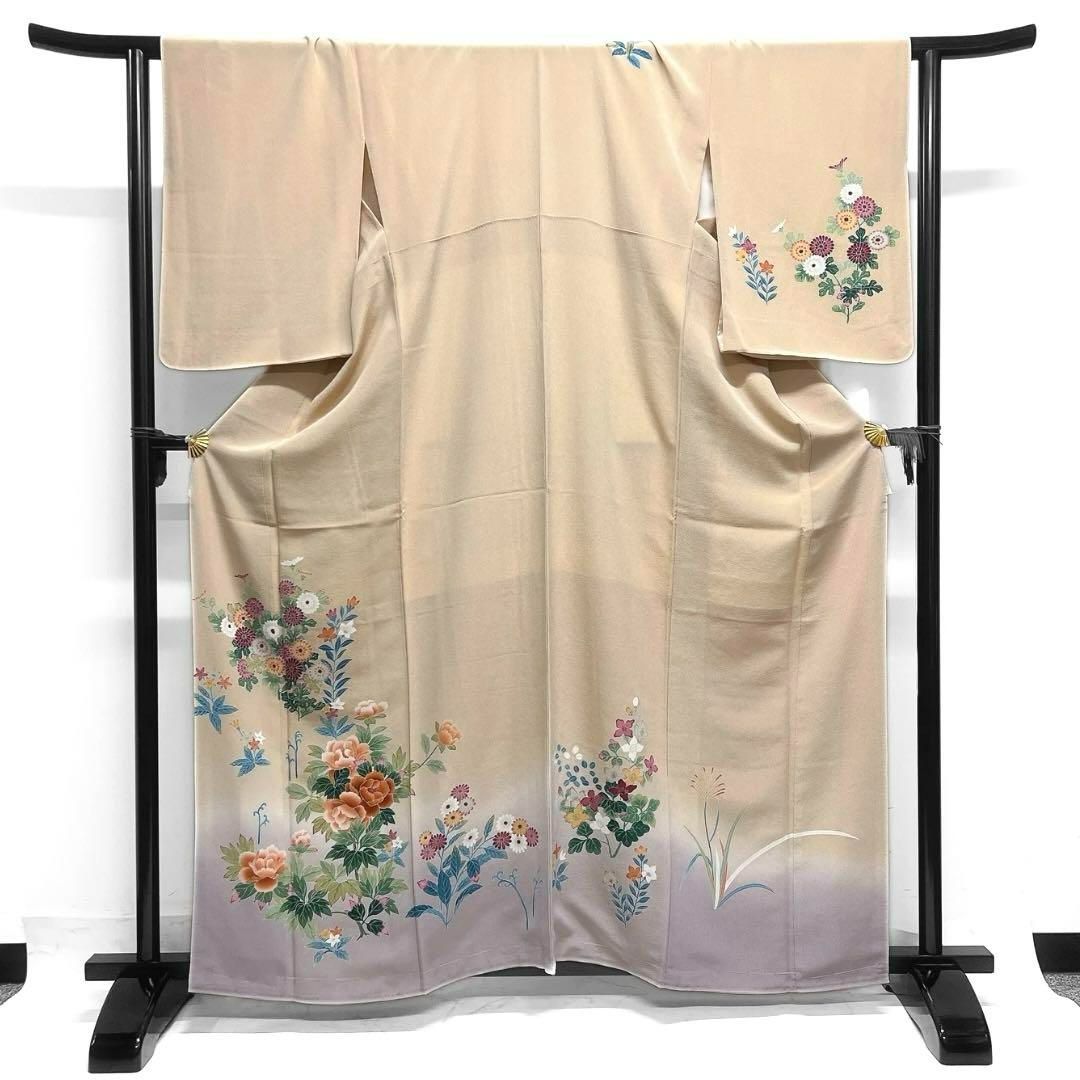 付け下げ金彩花模様牡丹菊桔梗着物013a d