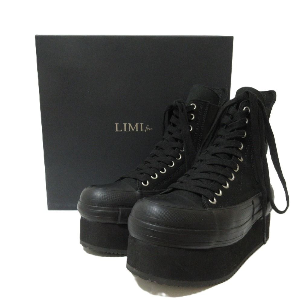 24SS LIMI feu リミフゥ キャンバス プラットフォーム ハイカットスニーカー LS-E01-081-3-04 サイズ4 約24cm ブラック レディース 古着
