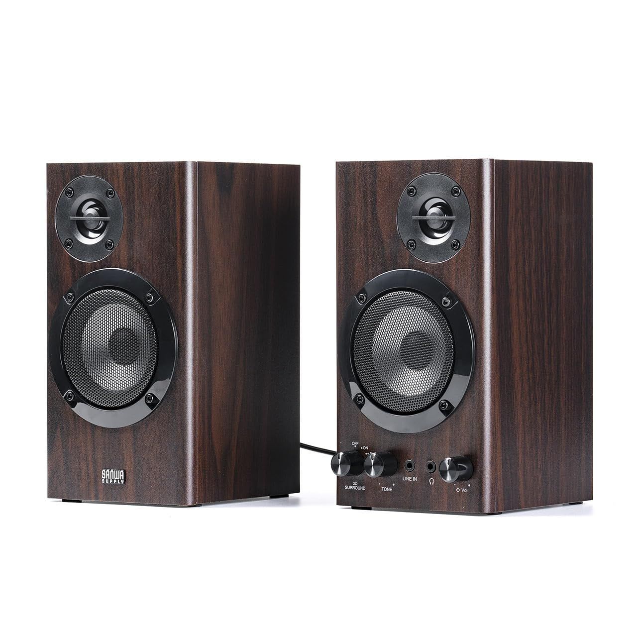 サンワダイレクト PCスピーカー 有線 3.5mm接続 木製 60W 高音調整 3Dサラウンド 木目調 AC電源 テレビ モニター パソコン用 400-SP114
