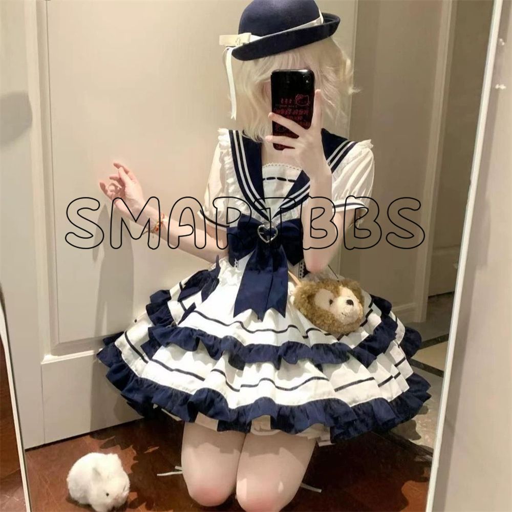ロリータ セーラー襟ドレス ホワイト ネイビー ゴスロリ・ロリータドレス ネイビーとホワイト Lolitaワンピース