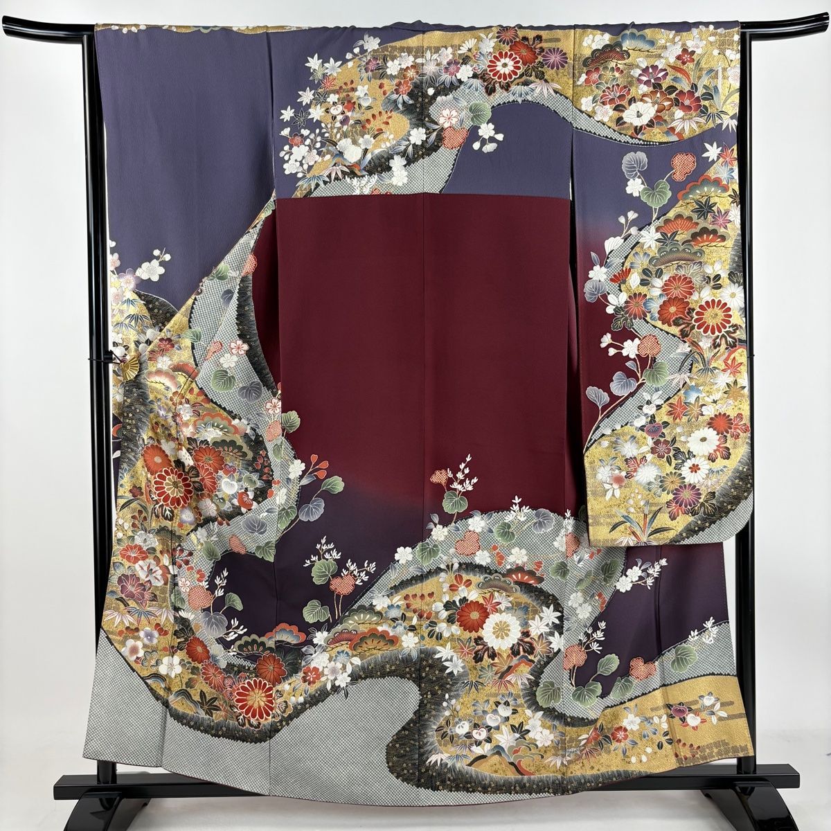 振袖 身丈159cm 裄丈63.5cm S 袷 草花 松竹梅 金彩 染め分け 赤