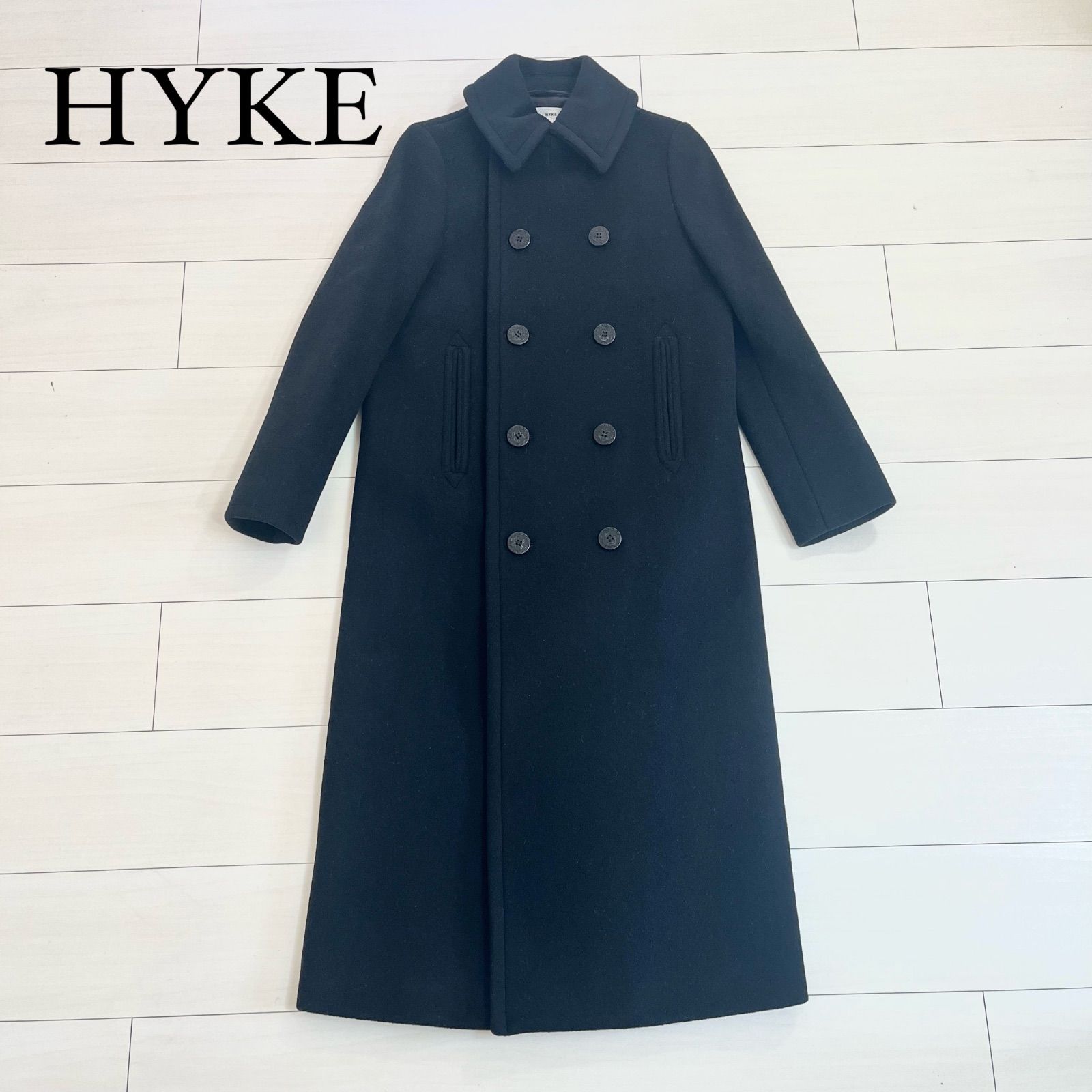 美品 HYKE ハイク メルトン ロングコート Pコート ブラック - メルカリ