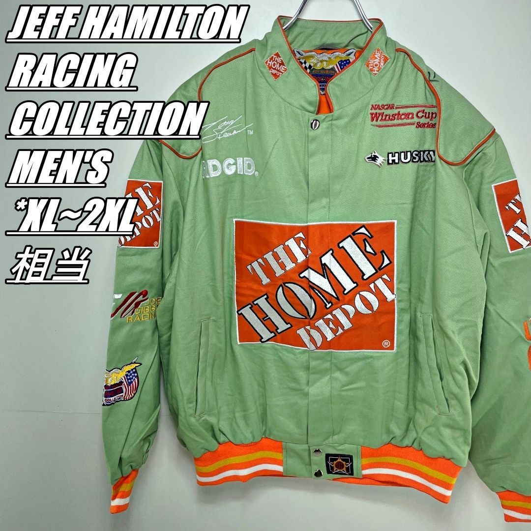 【US古着・男女オススメ】JEFF HAMILTON ジェフハミルトン レーシングジャケット メンズサイズXL~2XL相当 ライトグリーン系 企業ロゴ刺???