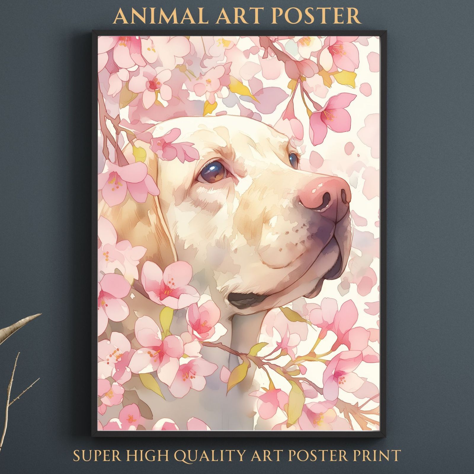 桜犬戯舞 - ラブラドールレトリバー犬 No.1 桜 花見 春 花びら 子犬 ペットロス うちの子 記念日 アートポスター 犬の絵 犬のイラスト ギフト プレゼント