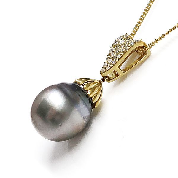 美品 K18 黒蝶真珠 ダイヤモンド ペンダント トップ パール 珠 13mm  