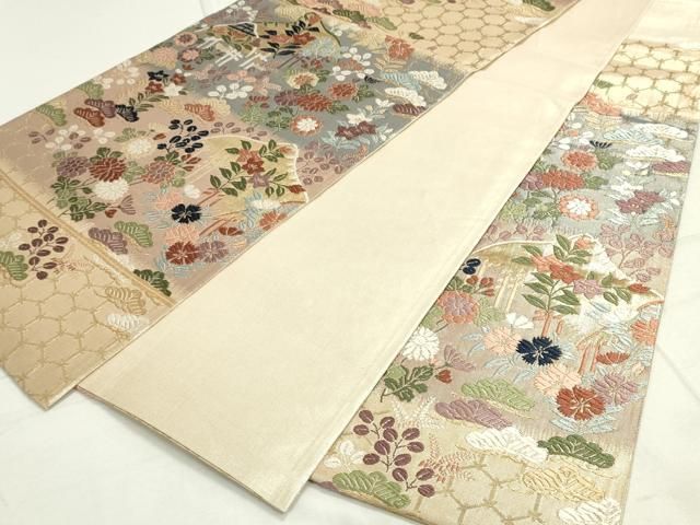 平和屋着物◎佐賀錦 六通柄袋帯 唐織 風景花文 金銀糸 正絹 逸品