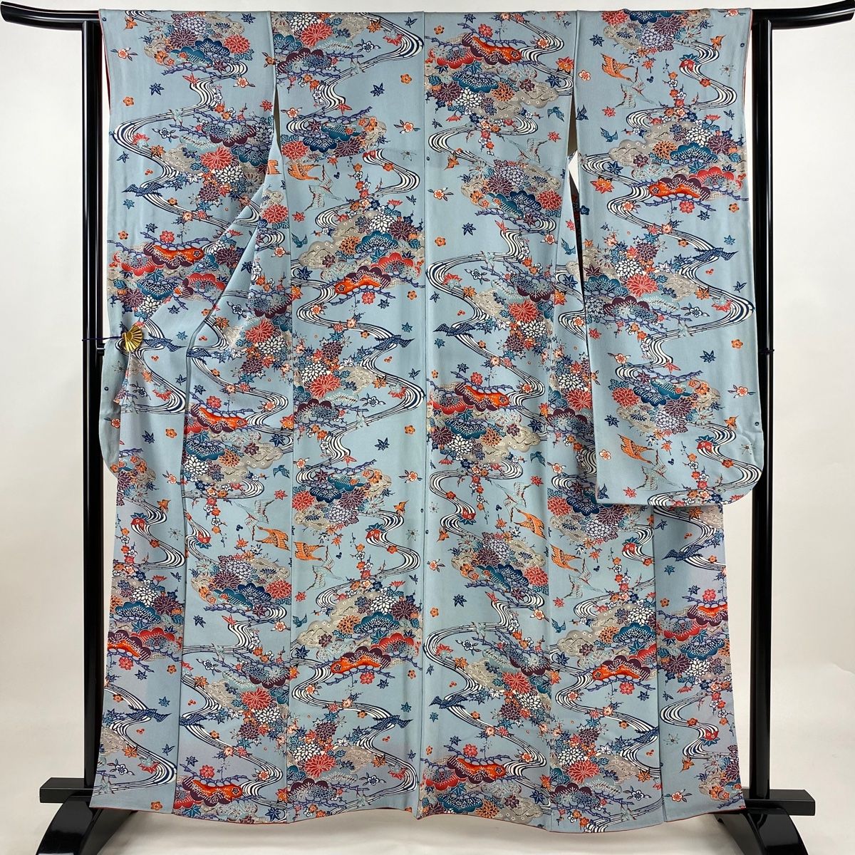 振袖 身丈159.5cm 裄丈62.5cm S 袷 鶴 草花 縮緬 青灰色 正絹 秀品