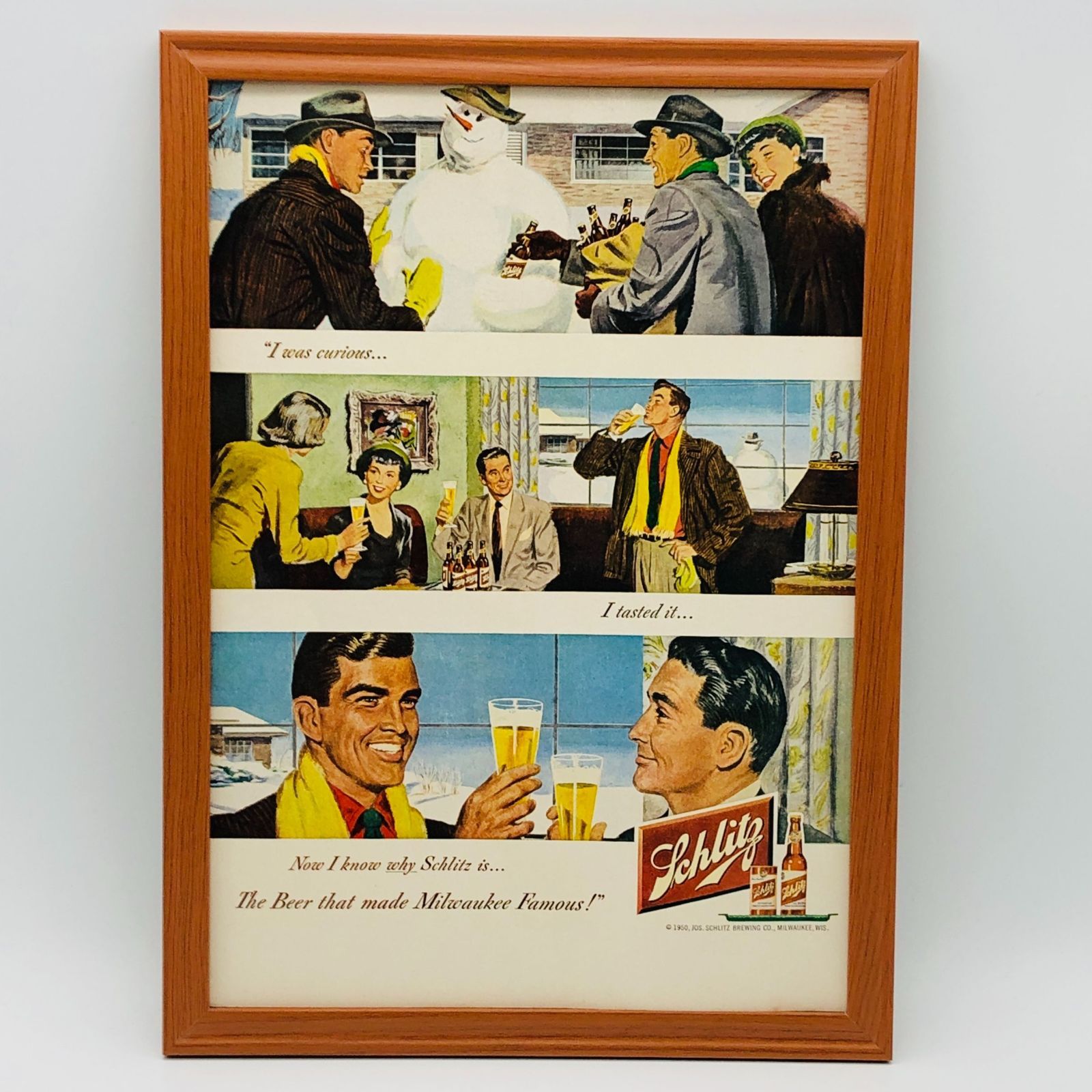 ビンテージ 広告　ポスター　『 シュリッツビール (Schlitz Beer) 』 1950's　額付　オリジナル アメリカ 輸入雑貨　※当時物　 ヴィンテージ　　アートフレーム　 ( AZ1874 )