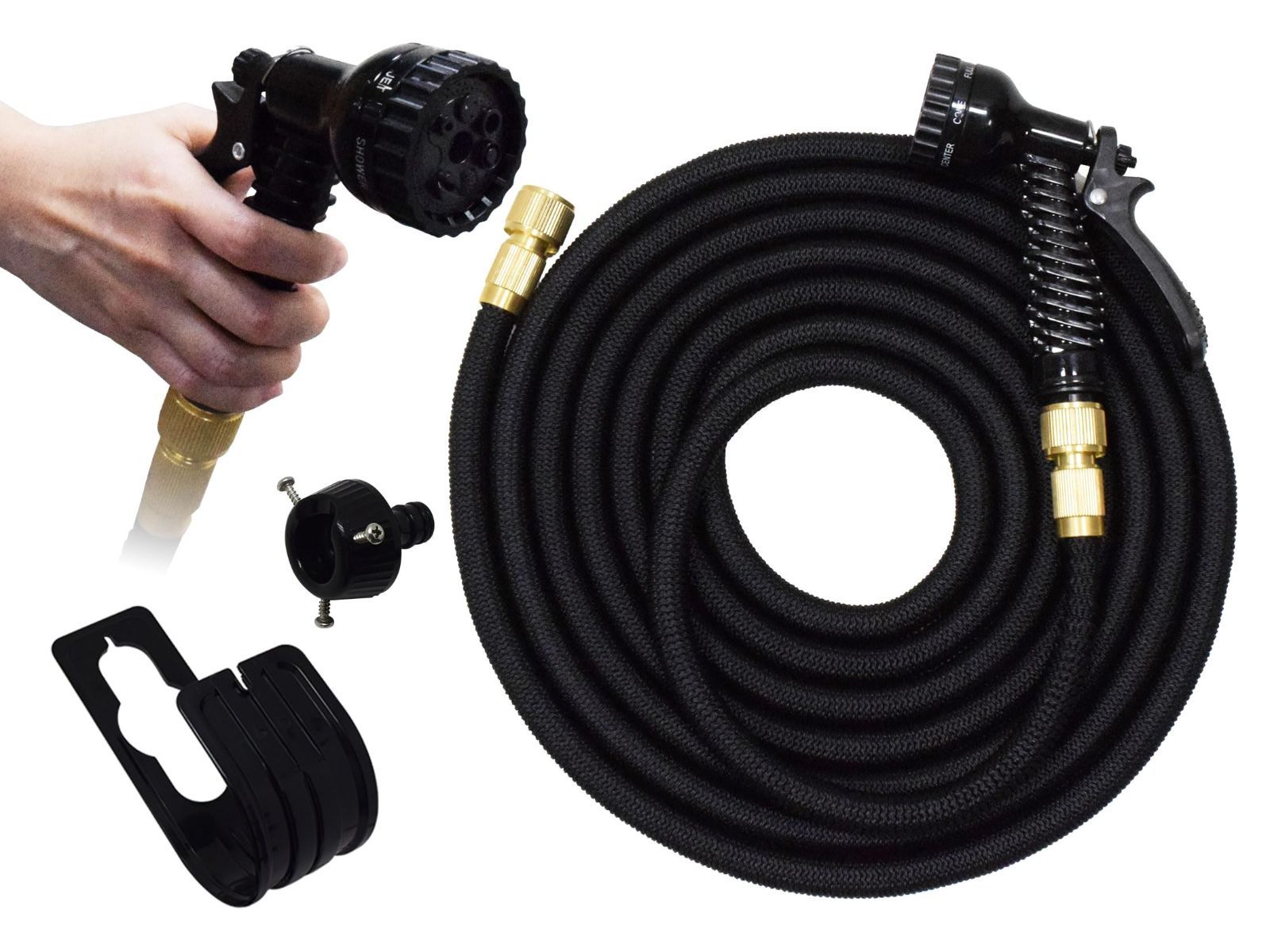 5→15m 伸縮ホース 3倍に伸びる 約5m→15m 超軽量 7パターン散水 伸びるホース ノズル コンパクト収納 洗車 ガーデニング 庭 ベランダ 玄関 散水 掃除 水やり MEH50B-BK