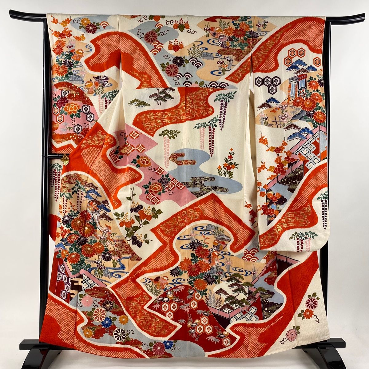 振袖 身丈161cm 裄丈64cm M 袷 御所車 草花 金糸 絞り クリーム 正絹 名品