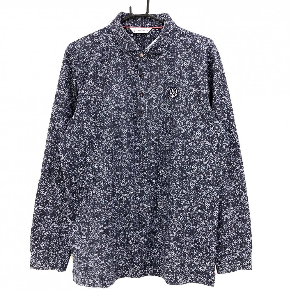 ☆SALE価格☆アンパスィ 長袖ポロシャツ ネイビー×白 総柄