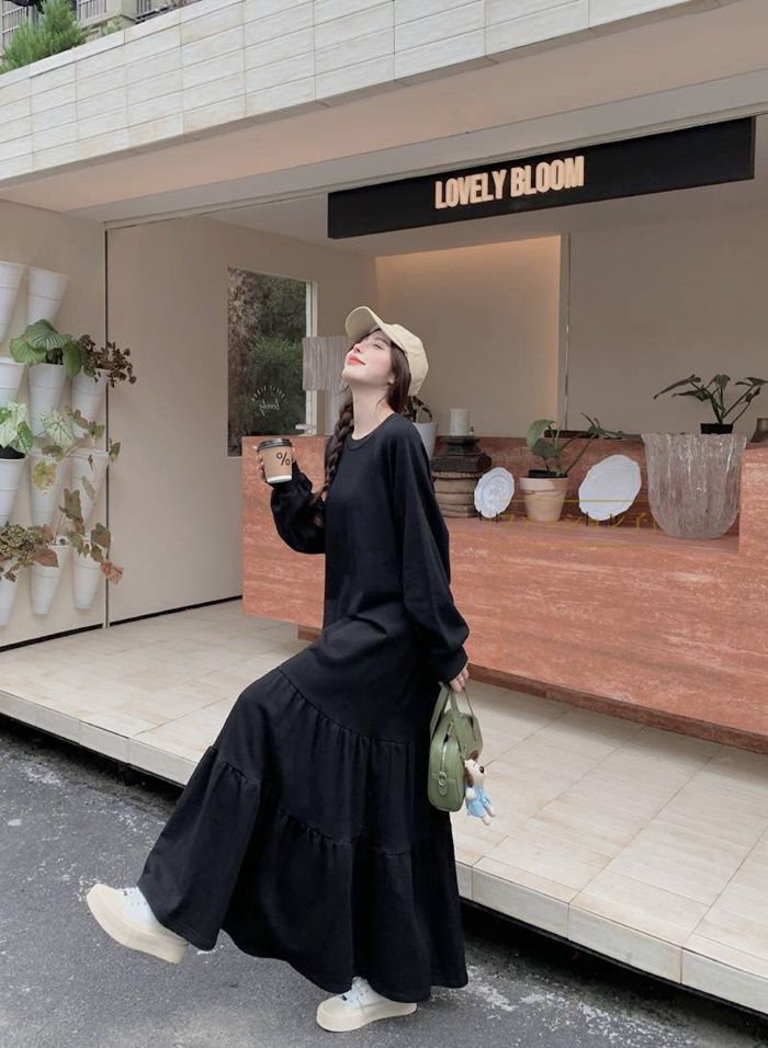 ワンピースレディース ワンピース長袖 レース刺繍花 ワンピース通勤 A