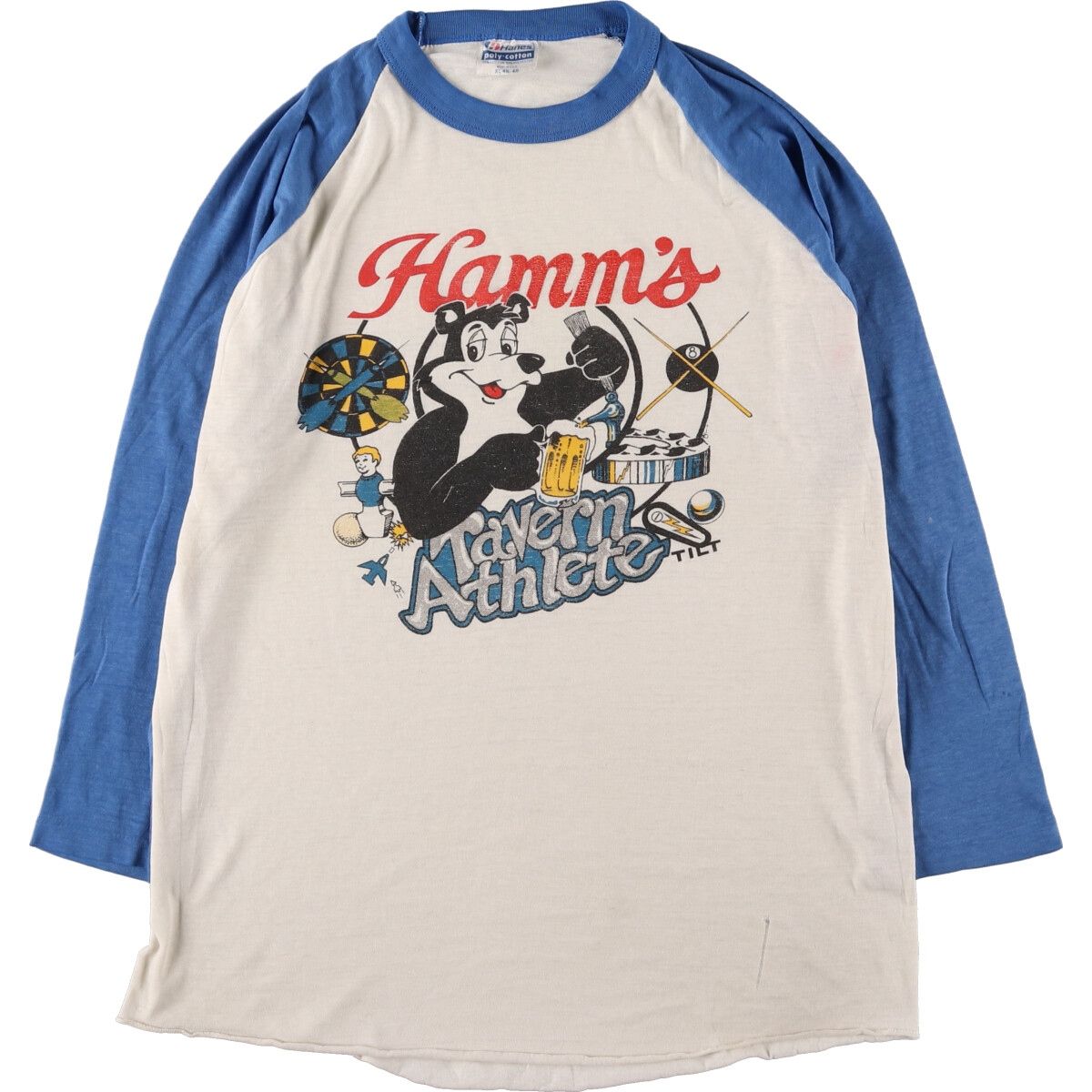 古着 80年代 ヘインズ Hanes POLY-COTTON 青タグ HAMM'S BEER 七分袖 ラグラン アドバタイジングTシャツ USA製 メンズXL相当/eaa476163