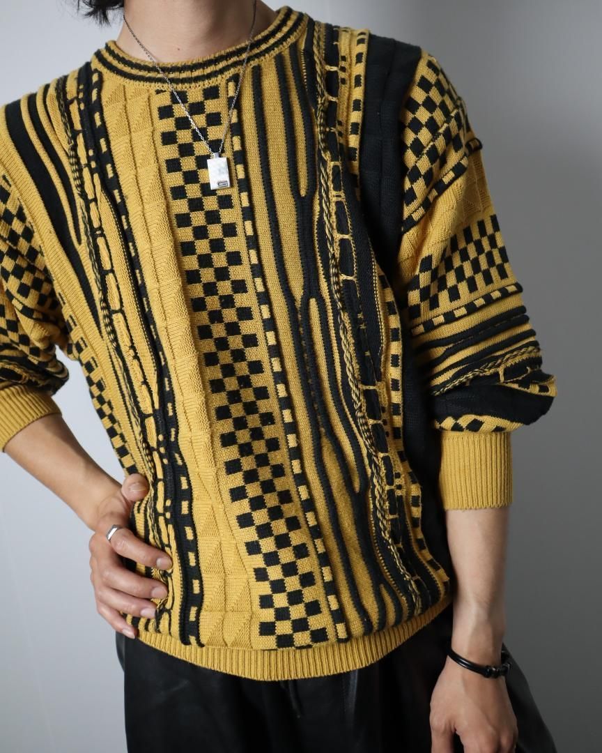 vintage】バイカラー 総柄 デザイン 3D 立体 ニット セーター黄 黒 