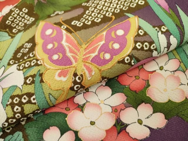 豪華振袖　駒刺繍　流水舞鳥文　暈し染め　金彩　着丈168cm　正絹　逸品 平和屋着物□豪華振袖 駒刺繍 総刺繍 吉祥花文 金彩 正絹 逸品