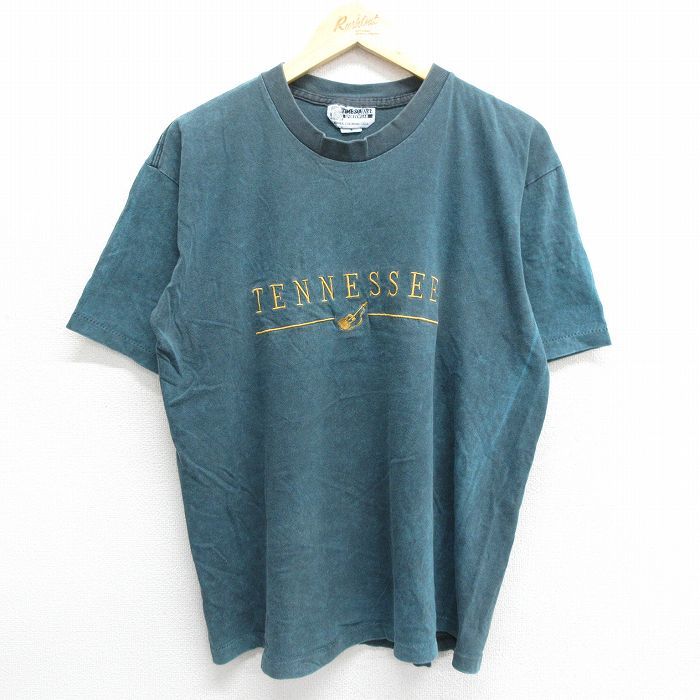 L/古着 半袖 ビンテージ Tシャツ メンズ 90s テネシー ギター 刺繍 コットン クルーネック 濃青緑系 24mar06 中古