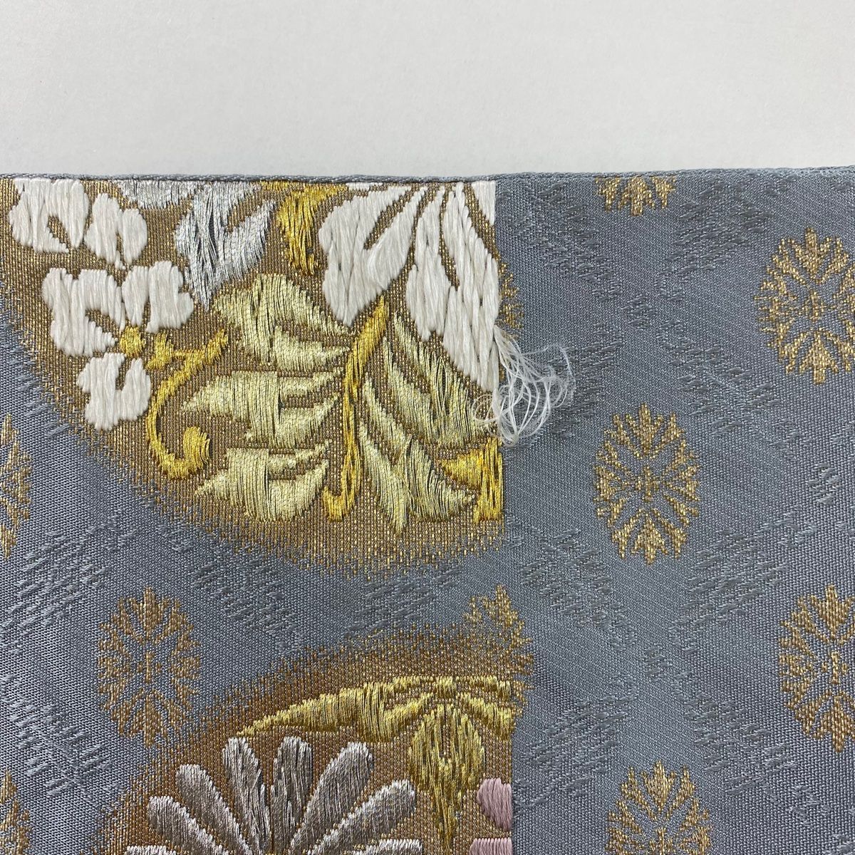 袋帯 美品 秀品 七宝華文 鳥 金銀糸 唐織 灰緑 六通 正絹 中古