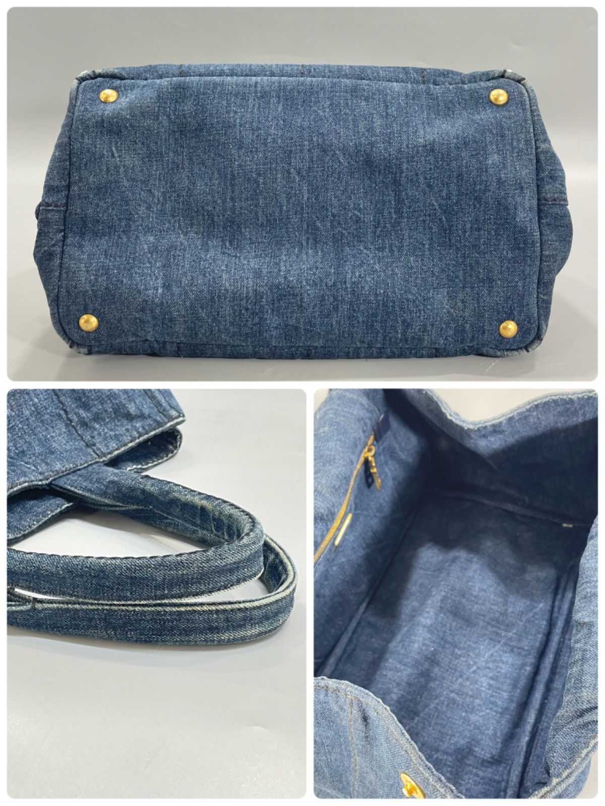 本物保証 美品 PRADA プラダ カナパ デニム トートバッグ 三角