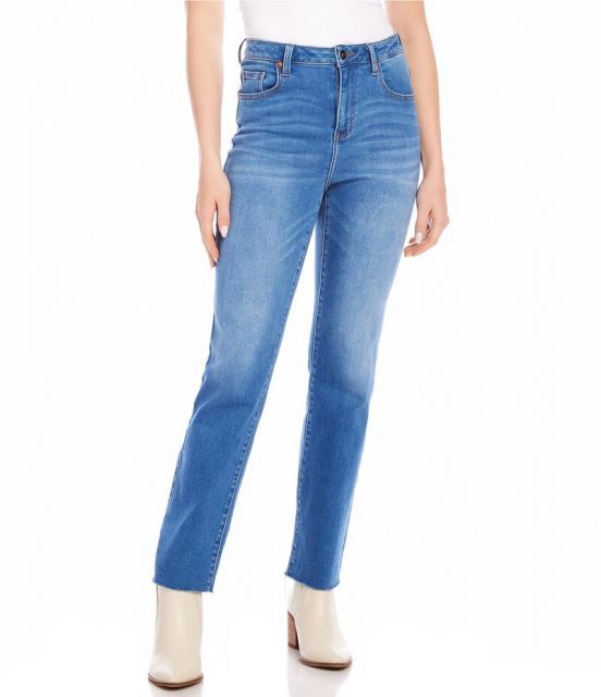 【送料無料】 カレンケーン レディース デニムパンツ ジーンズ ボトムス Petite Size Stretch High Rise Raw Hem Straight Leg Jeans Denim