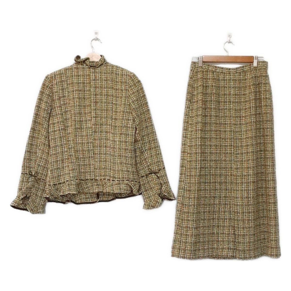 INGEBORG インゲボルグ スカートスーツ レディース - グリーン×ダークグリーン×マルチ ツイード 肩パッド