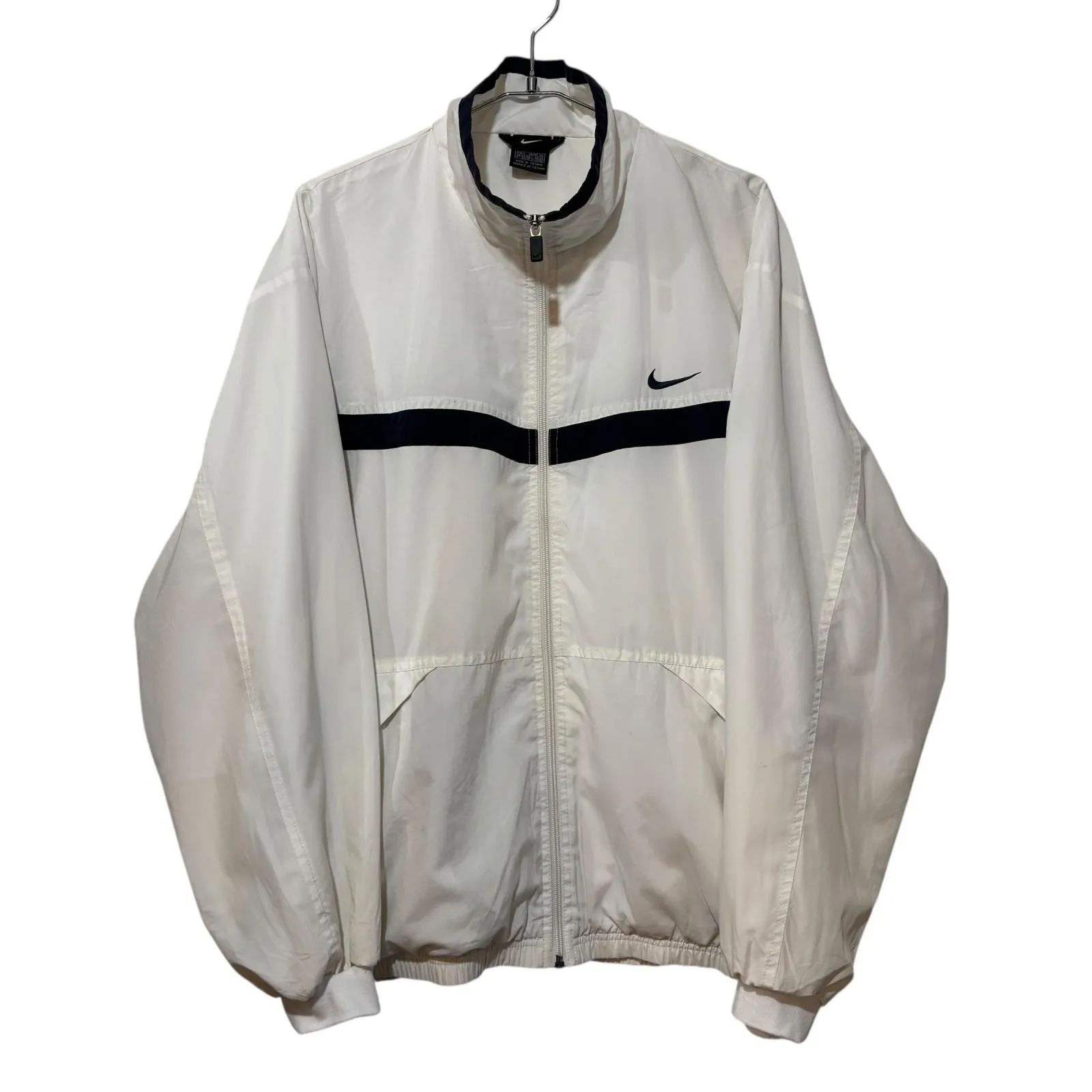 90s NIKE Nylon Zip Track JKT Windbreaker L 白 紺 刺繍 センターロゴ ナイロンジャケット ウインドブレーカー 古着