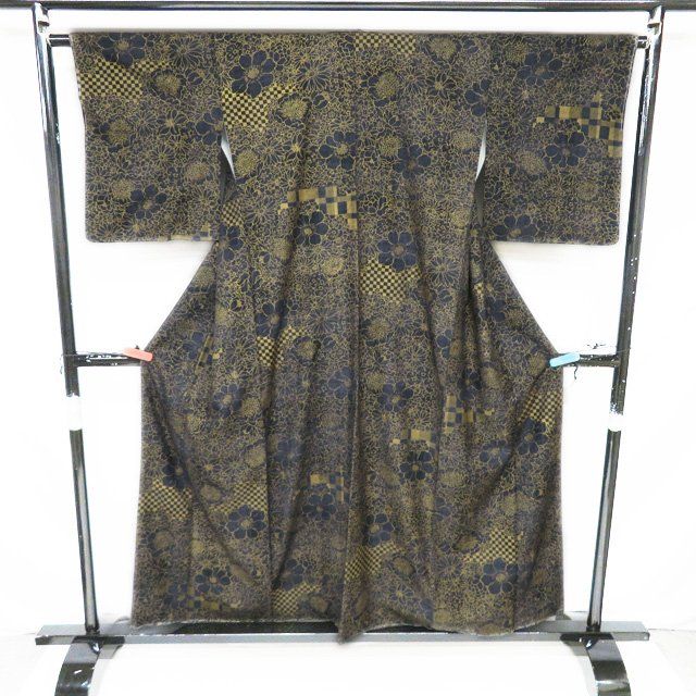 小紋 着物 未使用 リサイクル 正絹 袷 カジュアル 花模様 市松