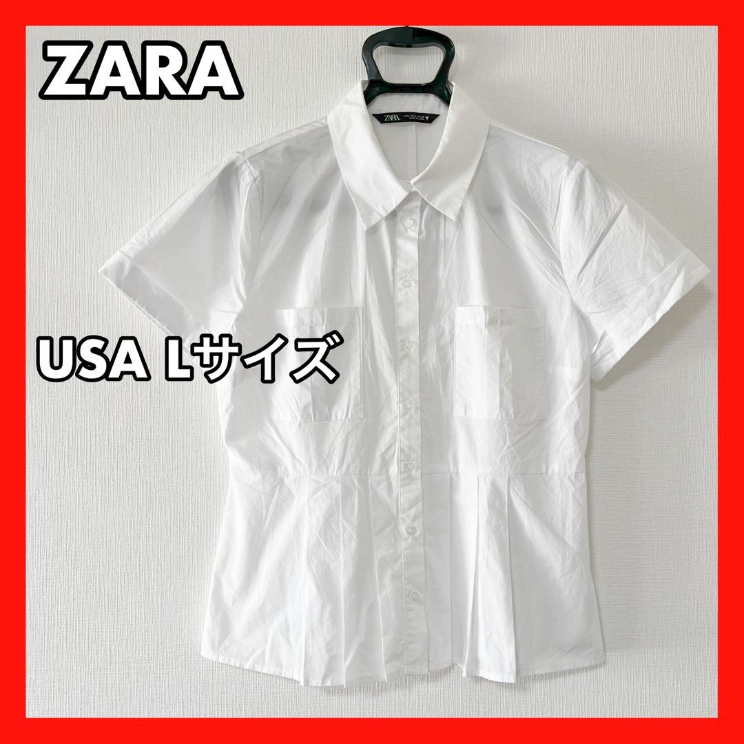 【ZARA】半袖ブラウス　半袖シャツ　袖ロールアップ　裾フリルトップス　白　USA Lサイズ