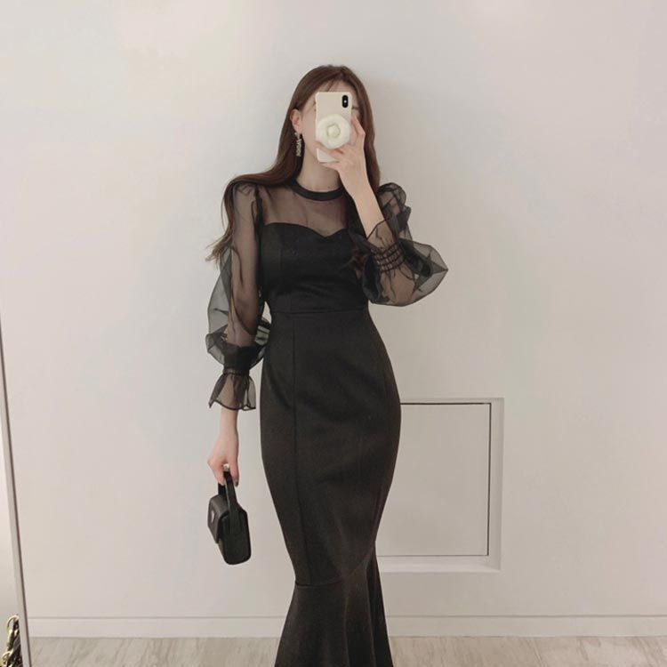 パーティードレス 韓国 春 冬 マーメイド 透け感 タイトドレス