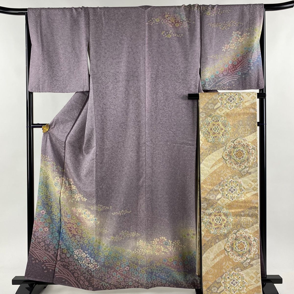 訪問着 身丈160.5cm 裄丈67.5cm L 袷 袋帯セット 草花 波 絞り