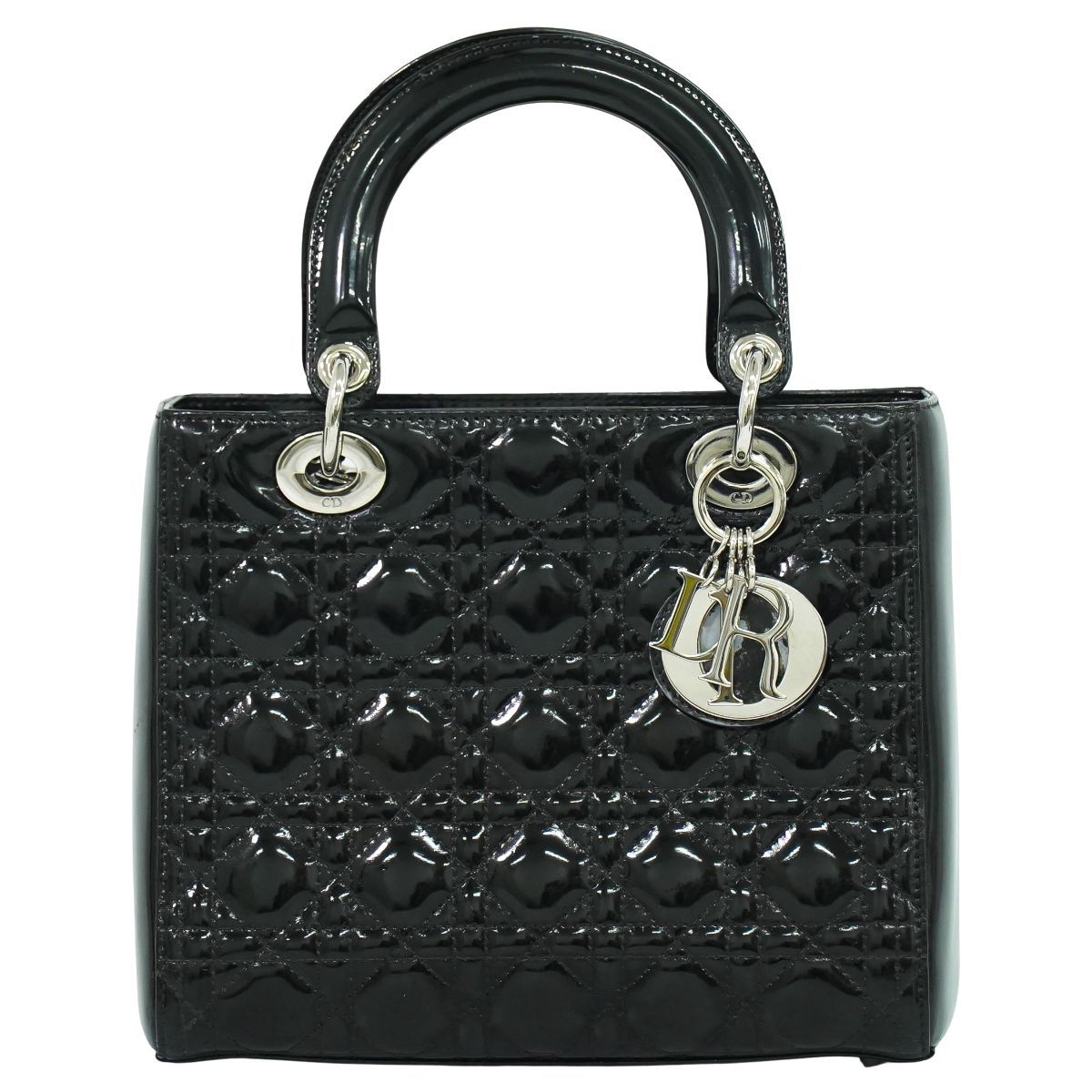 本物 クリスチャン ディオール Christian Dior レディディオール カナージュ ハンドバッグ パテントレザー ブラック Lady Dior バッグ フォロー割