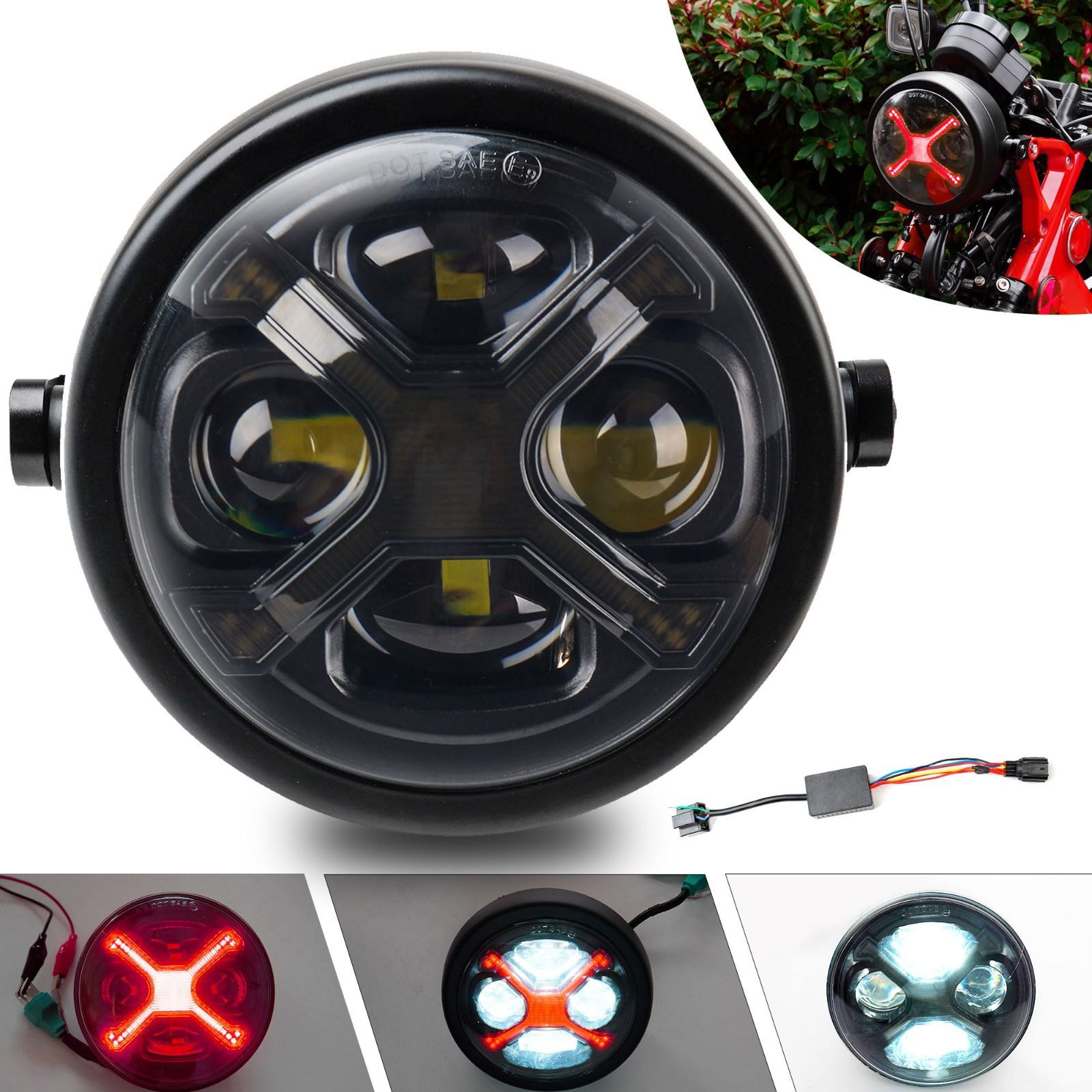 赤色 DRL ヘッドライト Motikvans For ハンターカブ CT125 LED ヘッドライト ヘッドライトハウジング付き ハイビーム/ロービーム切り替え DRL ヘッドライJA65 ハンターカブct125カスタムパーツ(赤色 DRL 