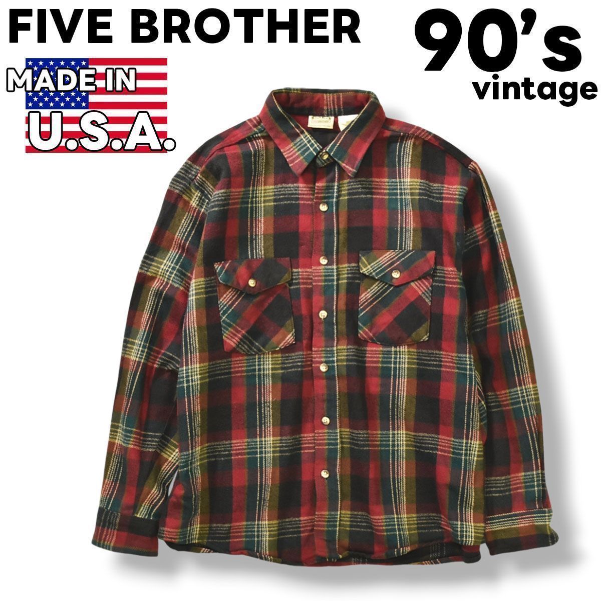 USA製】 90s ヴィンテージ ファイブブラザー FIVE BROTHER 長袖 ヘビー ネルシャツ L チェック柄 レッド x グリーン メンズ  - メルカリ