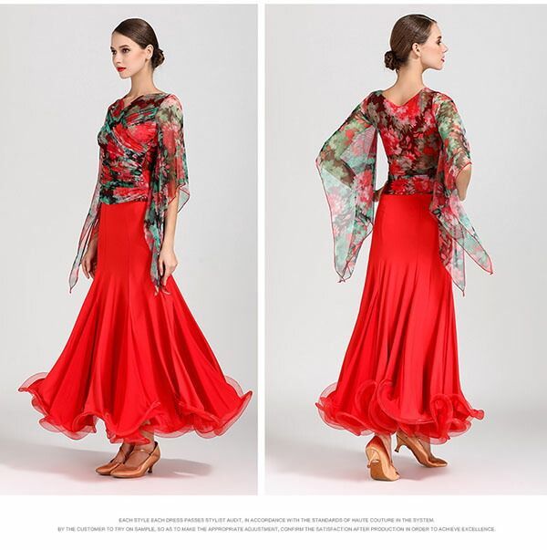 サマーセール！ 社交ダンス 衣装 ドレス トップス スカート セット モダンダンス スタンダード ワルツ タンゴ レッスン着 演出用 花柄 レオパード柄 ロング丈 透け感 大人 レディース S-3L レッスンウェア モダンドレス 競技着 競技会 演出 スタンダードドレス 即完売モデル