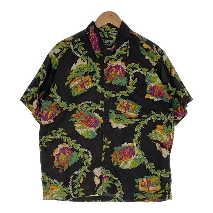 00's pataloha パタロハ 2000 コットン アロハシャツ オープンカラー ハレイワブラック Size M