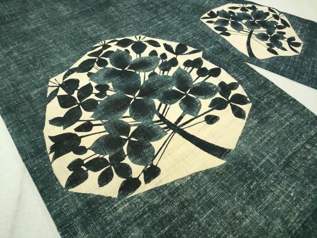 九寸名古屋帯 紬地 型絵染め 正絹 横段 花文 作家落款 美品 イ5589 創業セール】 【型染女性作家 岡田その子】 特選型絵染紬地九寸