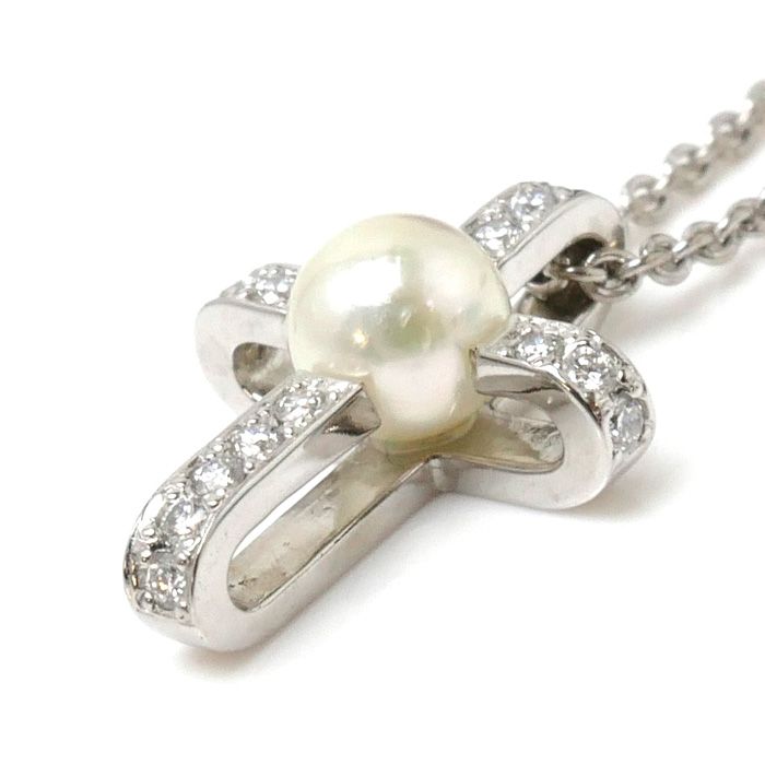 MIKIMOTO ミキモト K18WG ホワイトゴールド クロス ネックレス ダイヤモンド パール約4.7mm 4.1g 40cm レディース 中古  美品