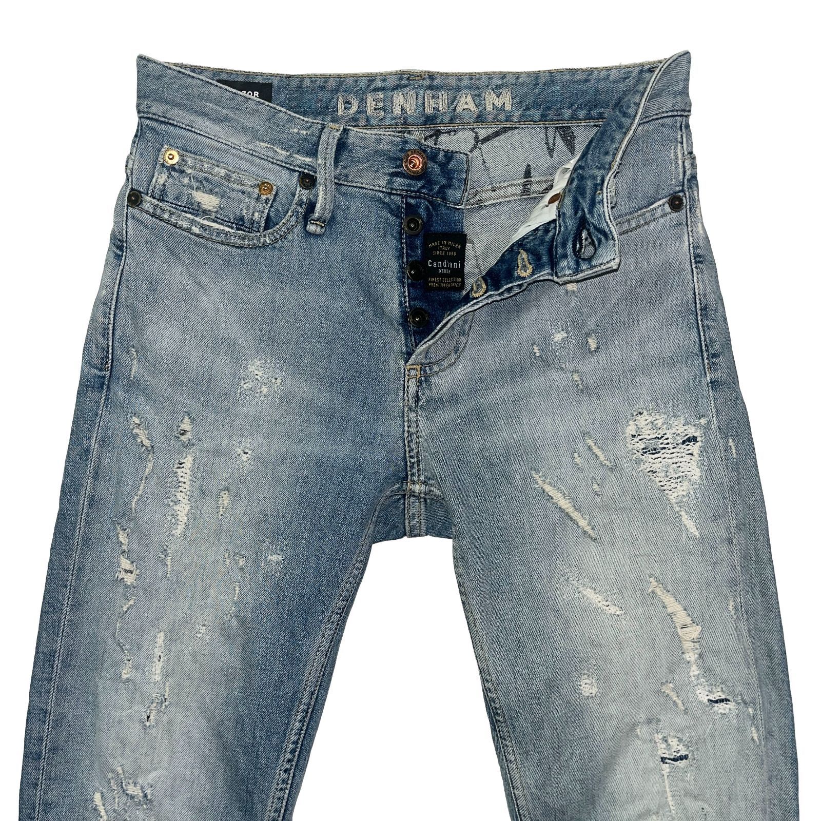 DENHAM デニムジーンズ 27 S アイスブルー色 ダメージ加工ストレート 