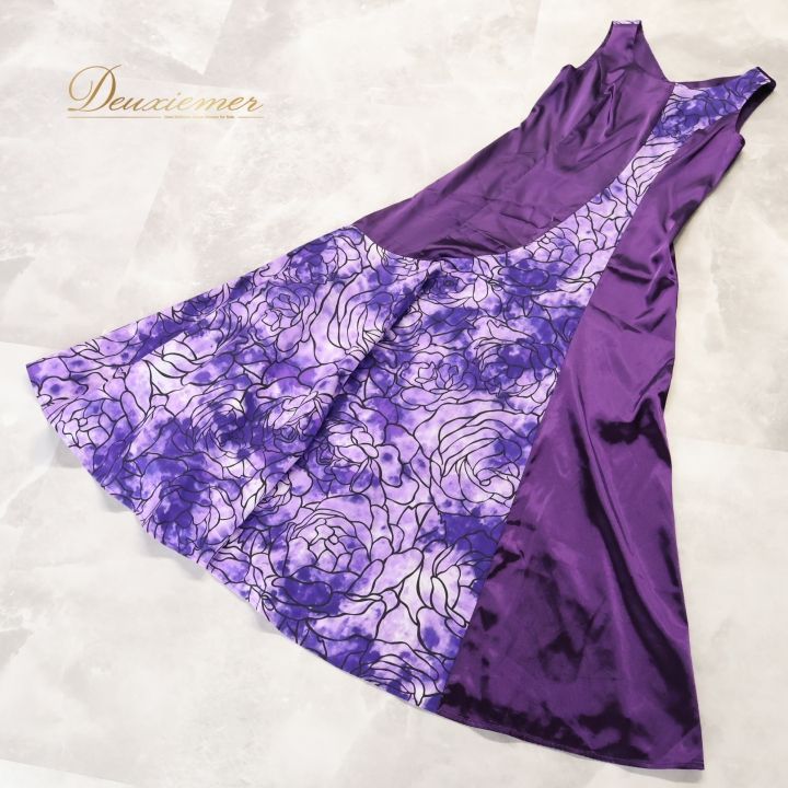 【美品 ハワイ製 フラダンス衣装】パープル CC Fashions ワンピース ドレス 紫 レフア柄 花柄 レース 上品 鮮やか 伸縮 可愛い フラダンス用衣装 ハワイ製】CC FASHIONS ピンクパープル ワンピース