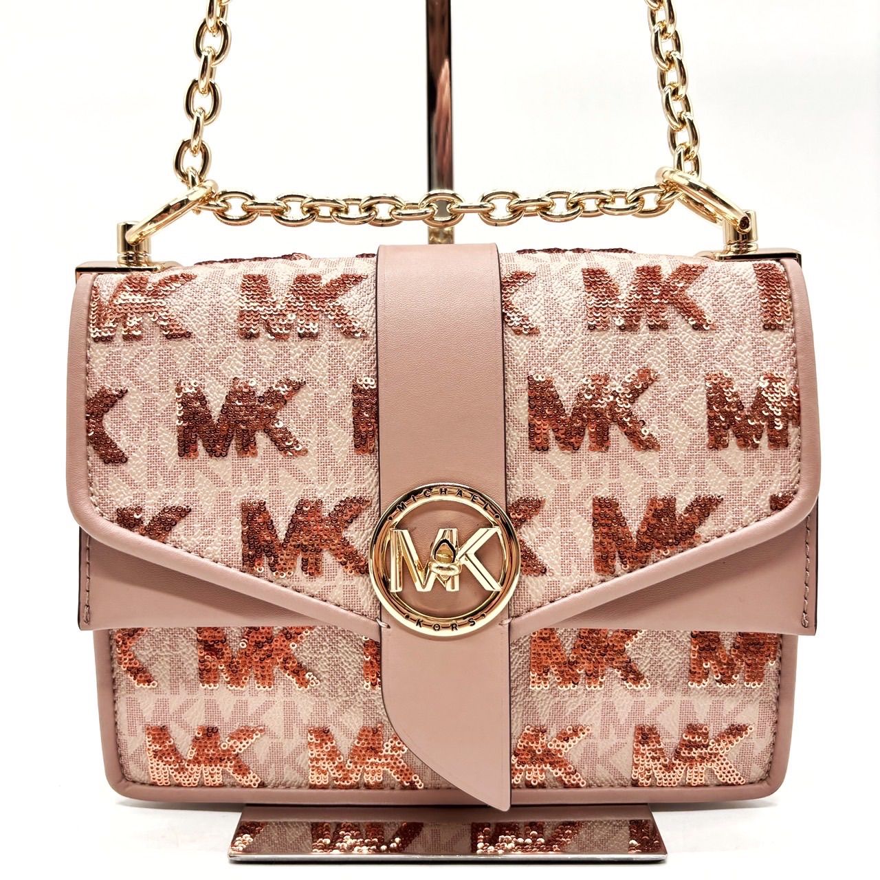 Michael Kors マイケルコース ショルダーバッグ トートバッグ ワンショルダーバッグ フラップ チェーン MK柄 総柄 ゴールド金具 レザー 革 PVC ベージュ 肌色 ピンク 桃色 ユニセックス 男女兼用 レディース