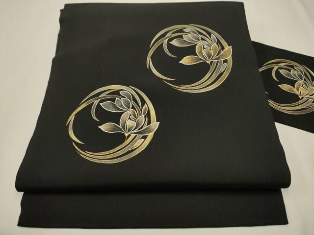 平和屋着物●九寸名古屋帯　草花丸文　黒地　金銀彩　正絹　逸品　CAAT0878hy 平和屋着物○九寸名古屋帯 草花丸文 黒地 金銀彩 正絹 逸品 CAAT0878hy