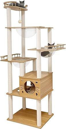 RAKU キャットタワー 宇宙船付き ハイタイプ 高さ約183.5cm 木製 据え置き 多機能 爪とぎボール ホワイトコットン支柱 柵付き展望台 猫ハウス 四角型土台 高い安定性 大型猫用 多頭飼い 運動不足解消 お手入れ簡単 タイプi
