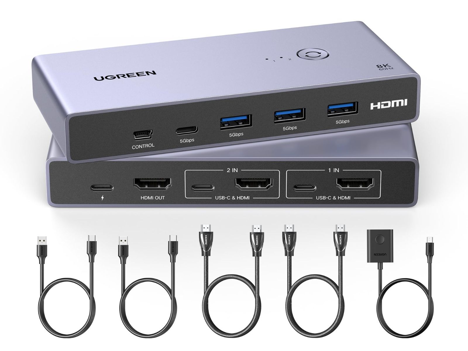 UGREEN 8K 60Hz HDMI KVM切替器 2入力1出力 PC2台をUSB 3.0ポートx3 ＆ USB-Cポートx1 とモニター1台共有 KVMスイッチ 3D|CEC|HDRに対応 手元スイッチ - USBケーブル2本 - HDMIケーブル2
